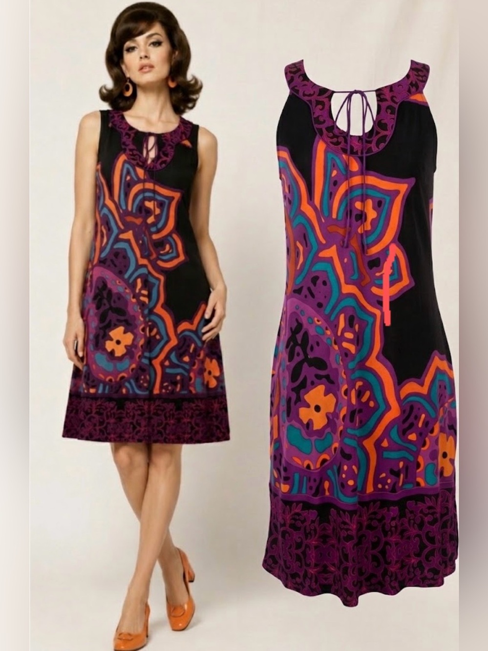 Hale Bob Silk Psychedelic Retro Vintage Style Black Mini Dress Sz M